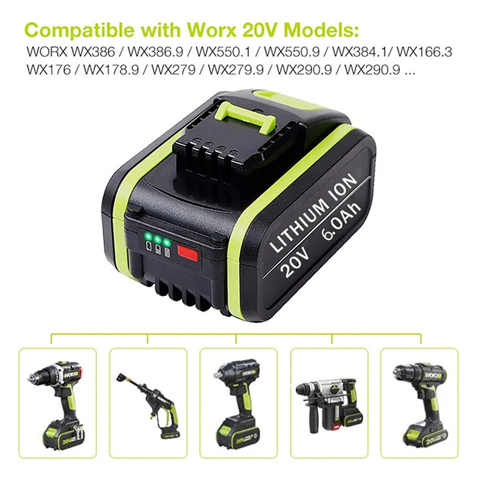 Batería de litio recargable de 20V y 6,0Ah, Compatible con herramientas eléctricas y de jardín Worx, WA3553/WA3551/WA3570/WA3553.1, de alta capacidad(5.0AhX1)