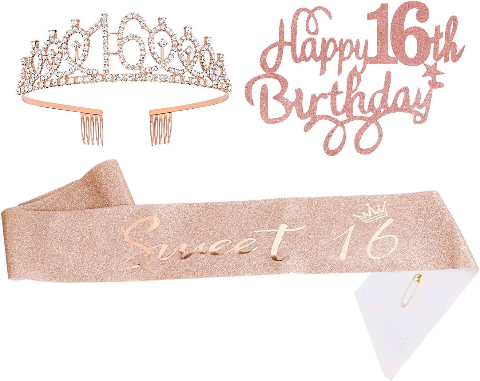 FGSAEOR 16th Birthday Tiara & Sash for Girls, Rose Gold Happy Birthday Queen Princess Tiara with Combs for Girls, Queen Crystal Headbands for Hair Accessories,16th Birthday Decorations for Girls Prom