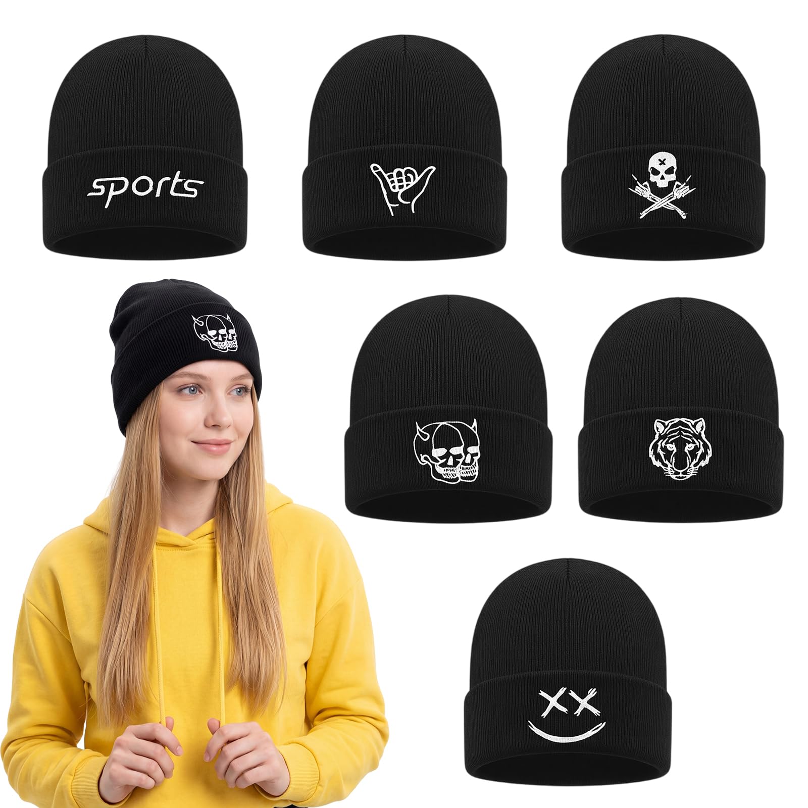 Mepase 6 Pcs Black Fashion Gothic Beanie for Men Women, Retro Street