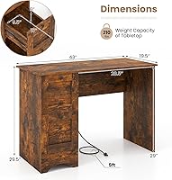 Vista 3 de Tangkula Escritorio para computadora con cajones y estación de carga, escritorio de madera para oficina en casa, escritorio para computadora Marrón