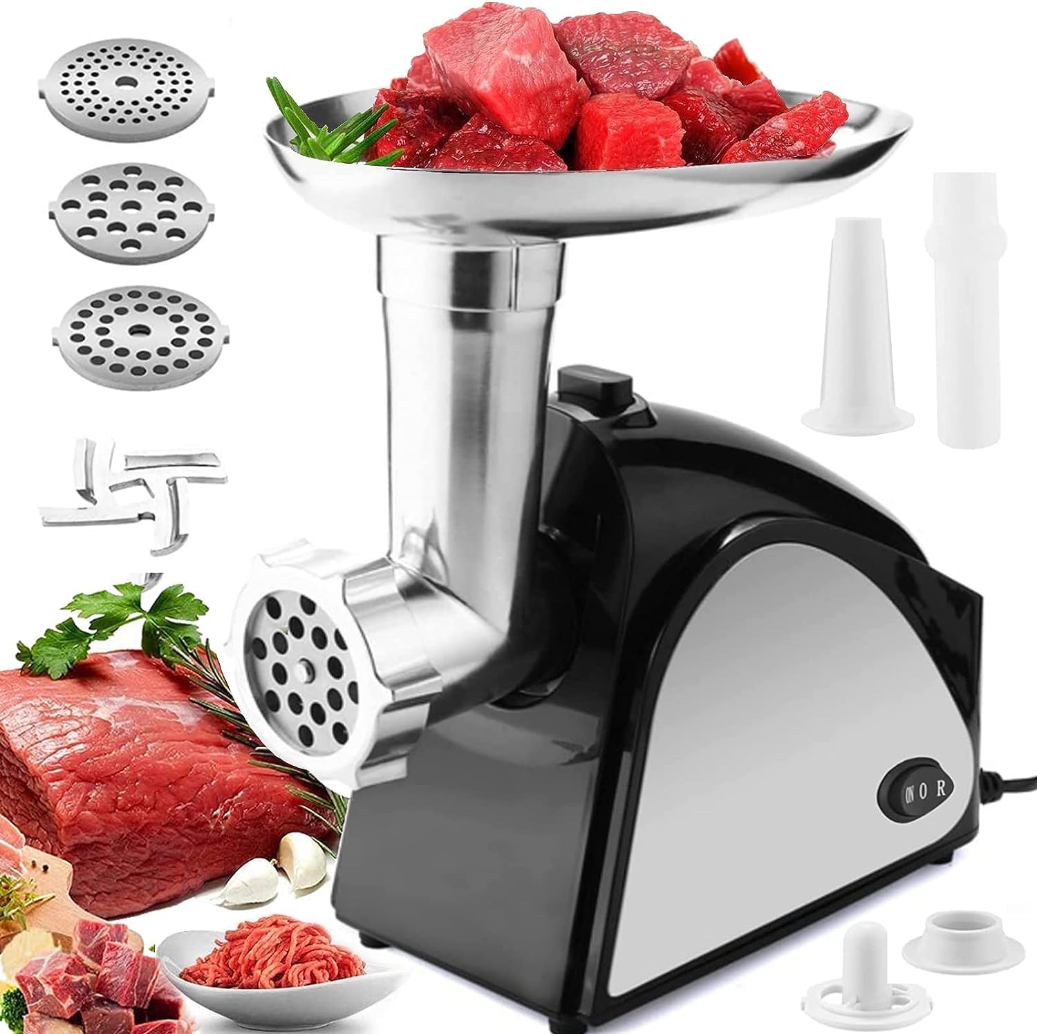 2000W Meat Mincer with 3 Grinding Plates and Sausage Stuffer Tubes for Home Use &Commercial