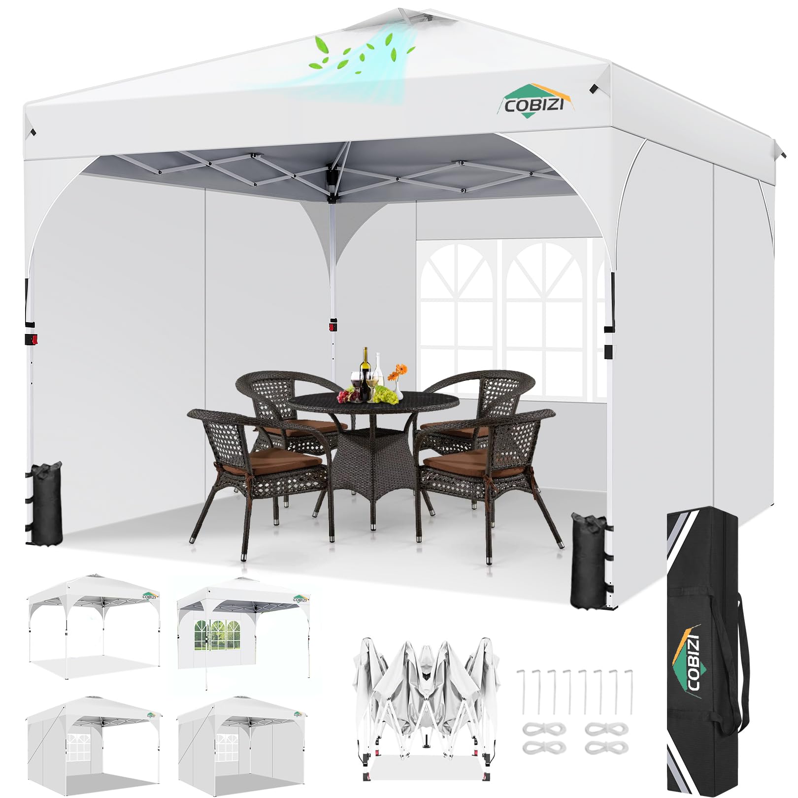 COBIZI Canopy Tent 10x10 Pop Up Outdoor Canopy One Push Tents for Parties Wedding Commercial Event Gazebo with 3 Sidewalls Ventilation, Waterproof UV 50+, Ropes x4, Stakes x8, Sandbags x4,White