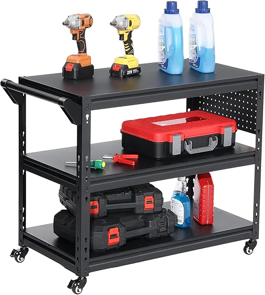 ENJOYWOOD 3-Tier Rolling Workbench Heavy Duty Adjustable Metal Tool Work Table with Side Pegboard, Wheels & Push Handle Mobile Workstation for Garage, Warehouse, Kitchen
