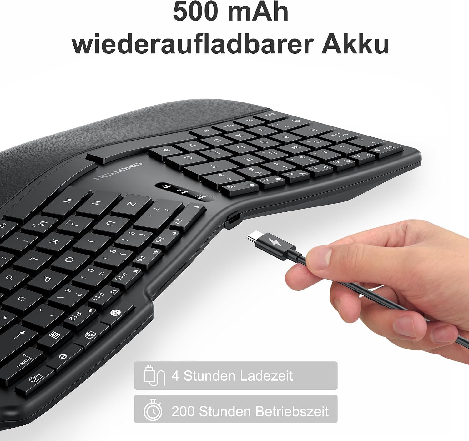 Hand plugging Type-C charging cable into OMOTON WK012 keyboard