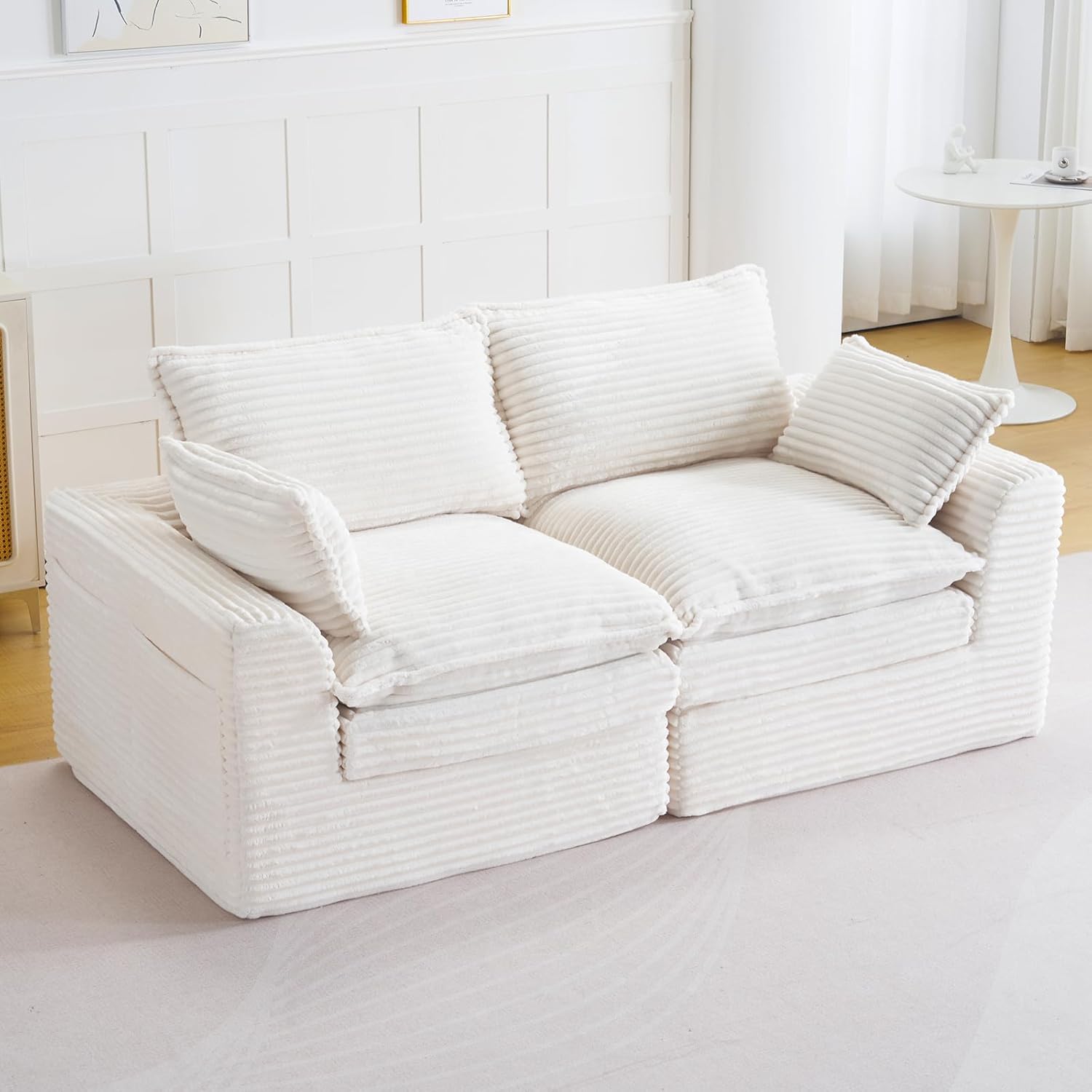 80" Loveseat Sofa,Cloud Sectional Couch for Living Room,Modern Modular Sectional Sofa Boneless Couch with Throw Pillows,Side Pockets,No Assembly Required,Corduroy,Beige