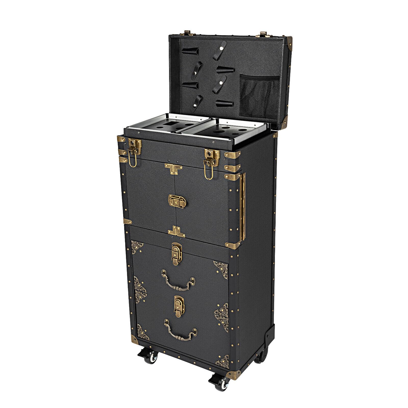 Vintage Trolley Friseur Werkzeugkasten Reisekoffer Arbeitswagen Kosmetik Professionell Salon Rollwagen Kosmetikkoffer Friseurkoffer Schminkkofferdamen Mit Make-Up Koffer Beauty Case 4-Tier Schwarz