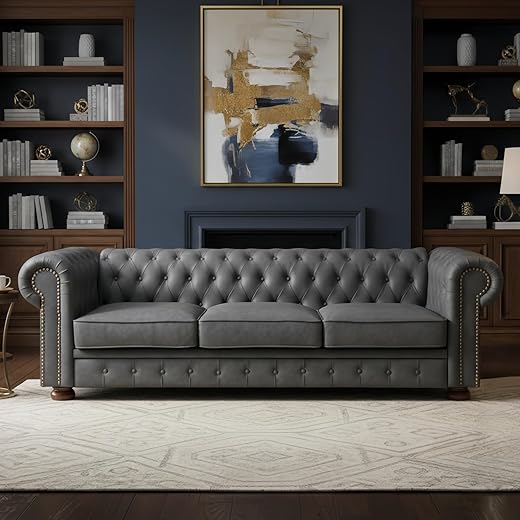 89'' Chesterfield Sofa Couch, Faux Leather Sofa with Tufted Button & Solid Wood Legs, Mid Century Modern 3 Seater Couch with Deep Seat for Living Room, Office, Apartment(Gray)