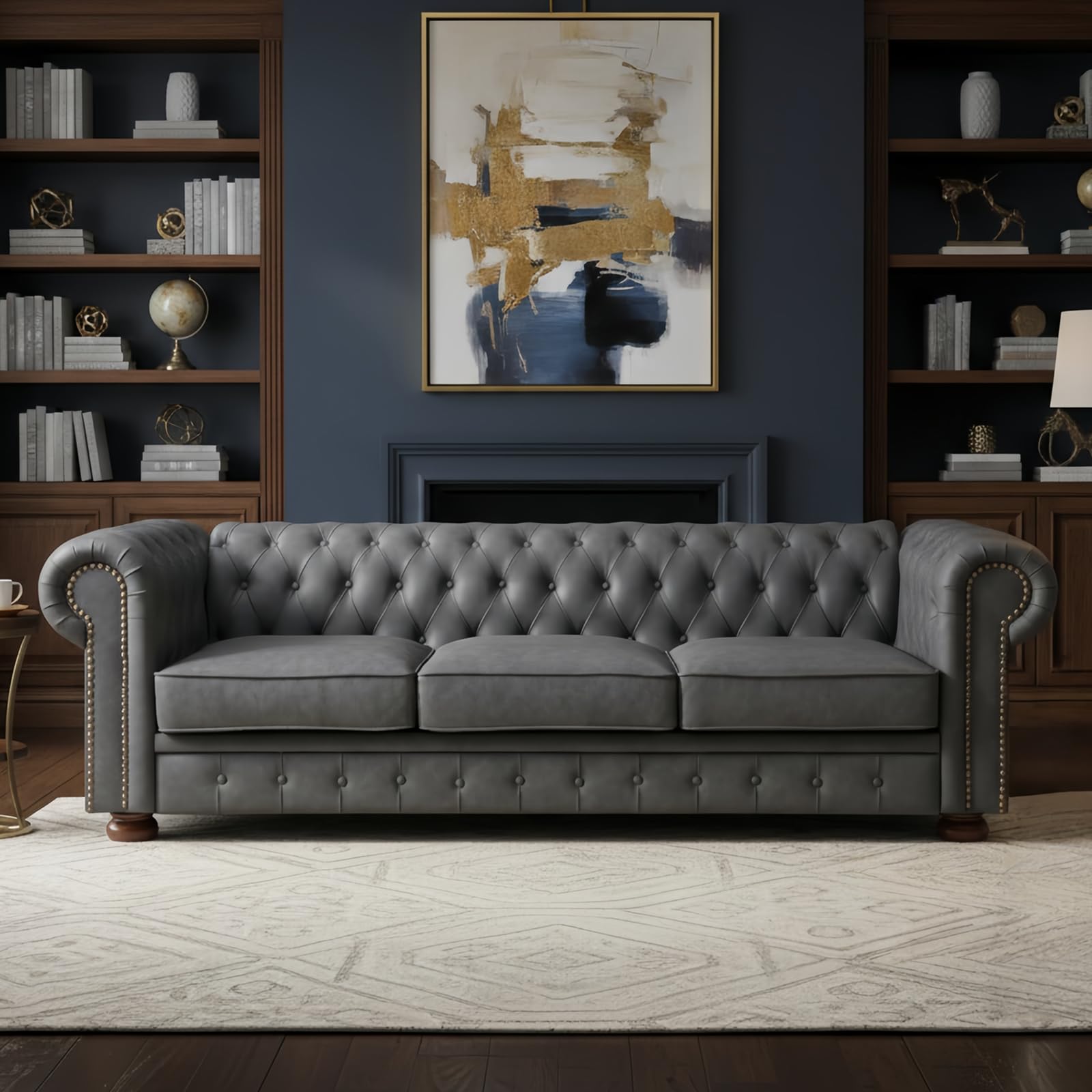 howcool 89'' Chesterfield Sofa Couch, Faux Leather Sofa with Tufted Button & Solid Wood Legs, Mid Century Modern 3 Seater Couch with Deep Seat for