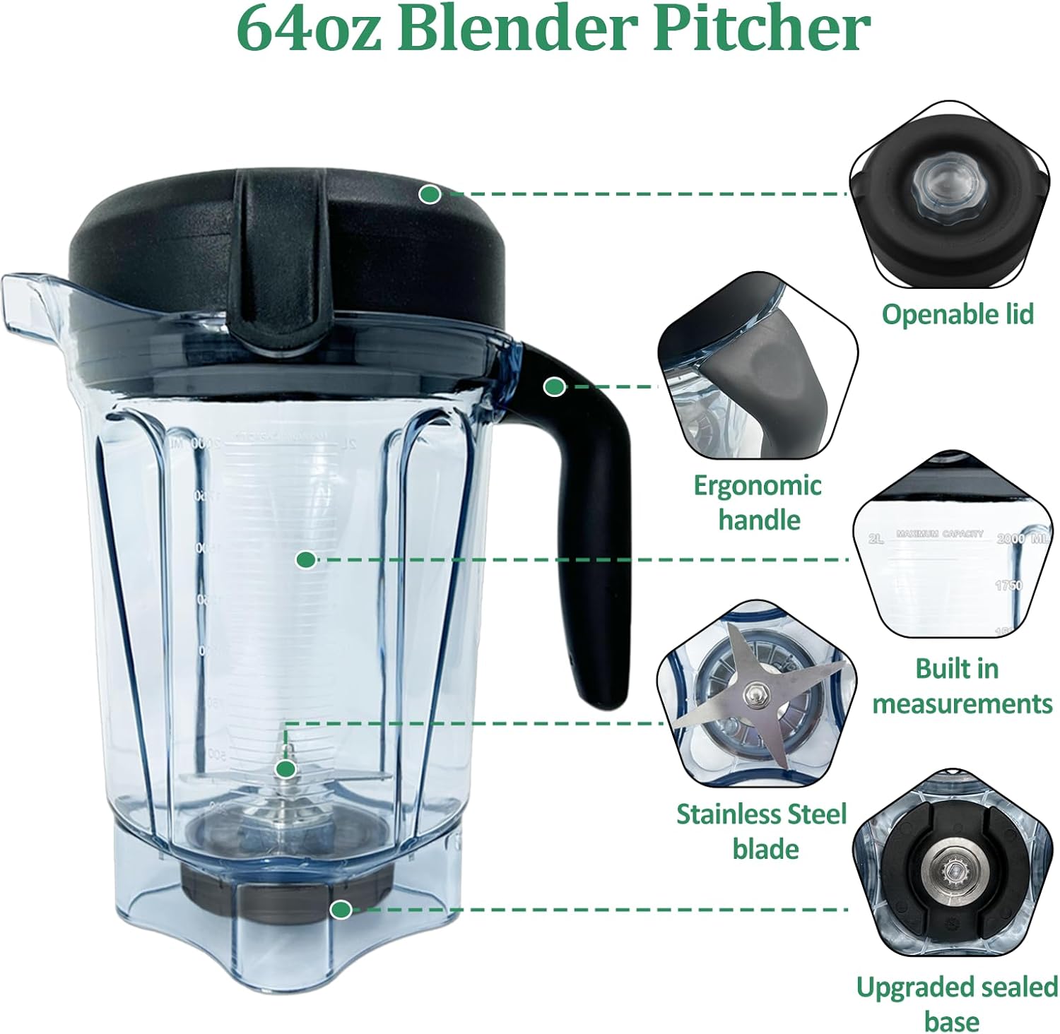 Blender Pitcher 64oz Low-Profile, Replacement Container Cup Compatible with 750,7500, 5300, 6500, VM0102, VM0103, VM0197，Propel/Professional/G/Classic C Series