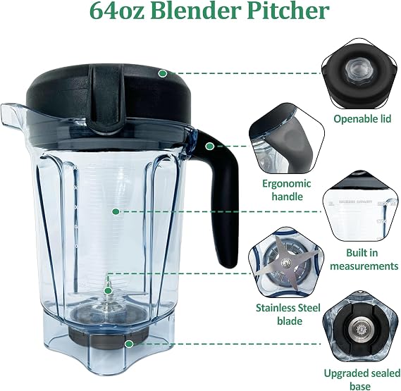 Vitamix Blender Pitcher 64oz Thin Replacement Container Cup Jars for Vitamix 5300, 6500, 7500, 5200, 6000, 6300, VM0102, VM0103, Propel Professional Series, G Series, Classic C | 750,7500、5300、6500、VM0102、VM0103、VM0197、Propel/Professional/G/Classic Cシリーズ交換用コンテナカップ。