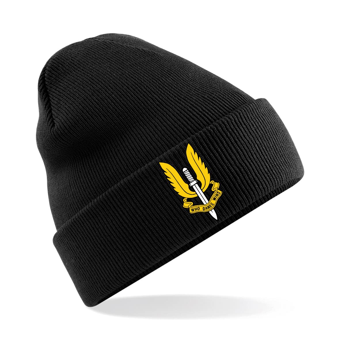 PSave SAS Special Air Service Who Dares Wins Insignia Mens Premium Embroidered Beanie Hat, Bob Hat British Army Military (Black)