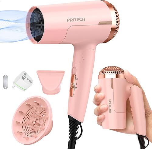 PRITECH Secador de pelo de doble voltaje con difusor, 1200 W, compacto, plegable, enchufe de seguridad ALCI, rosa