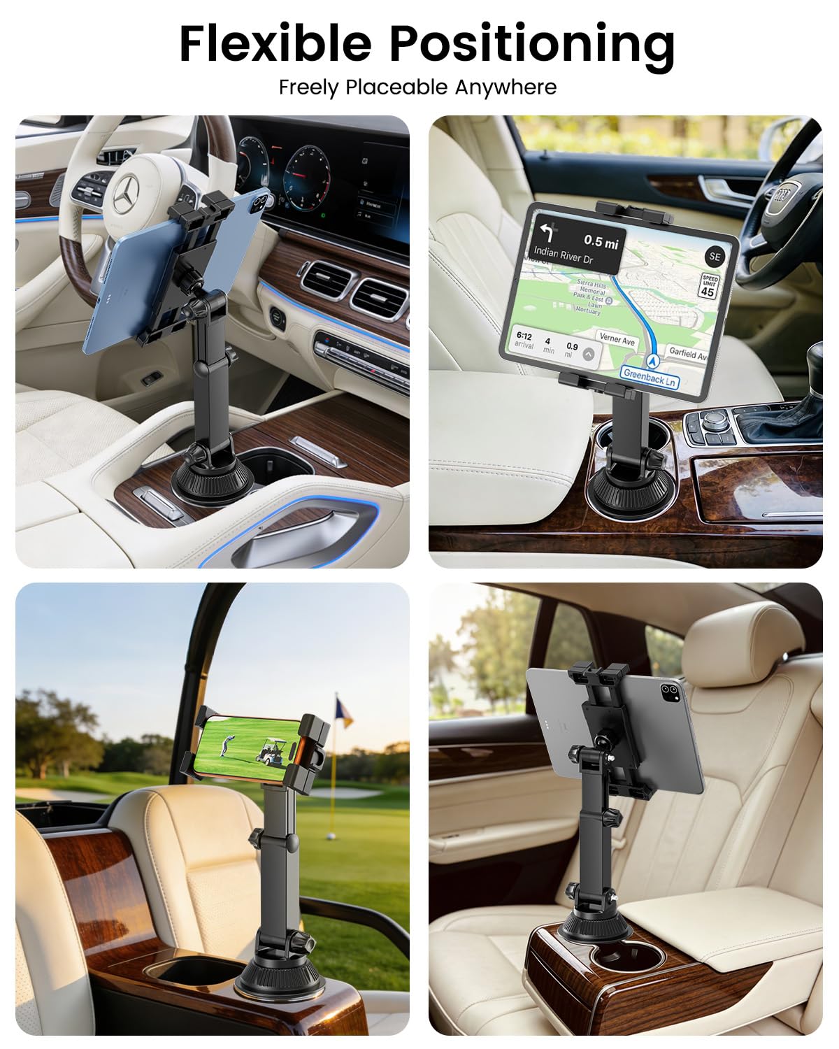 OHLPRO Support de tablette pour voiture, compatible avec iPad de 5 à 17 ", tablettes Samsung, porte-gobelet de voiture avec bras pivotant réglable et flexible, accessoire de voiture pour road trips