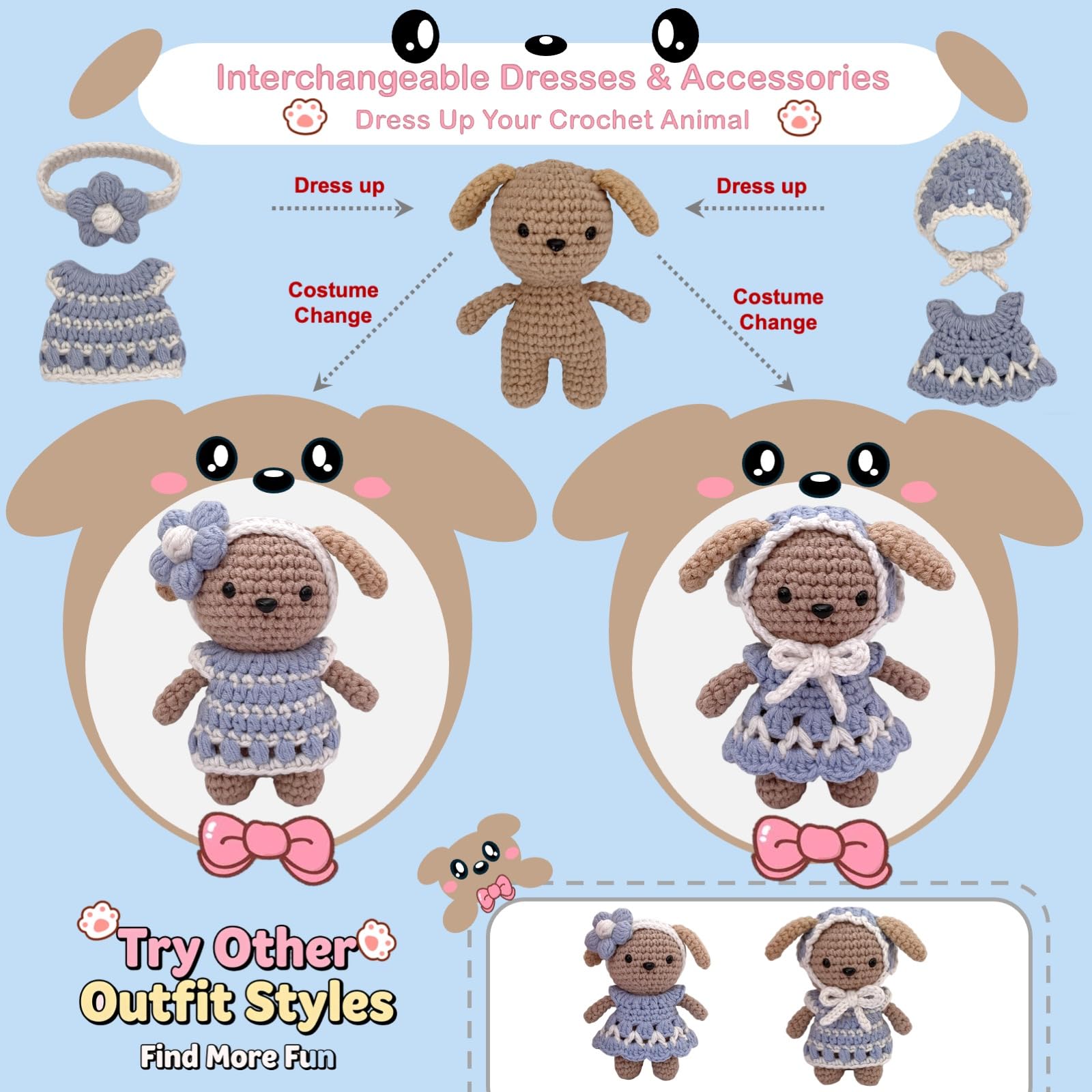 LoopMap Kit de ganchillo para principiantes, kit de bricolaje de animales amigurumis con trajes extraíbles, tutorial en video, proyecto de práctica, kit de inicio todo en uno con hilo extra, regalo