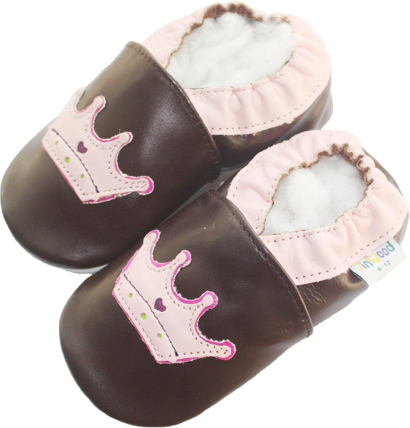 Jinwood Soft Sole Leather Baby Shoes Boy Girl Infant Children Kid Toddler Crib First Walk Gift Crown brown 0-3Y
