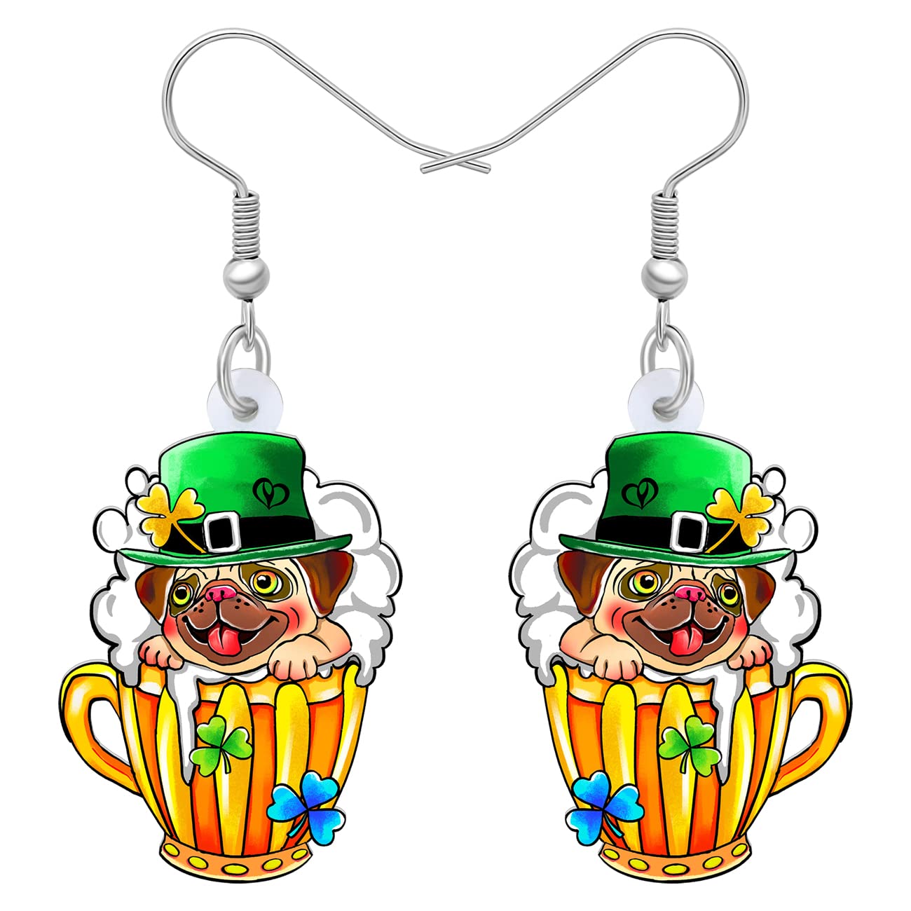RAIDIN Acrylic St. Patrick's Day Dangle Earrings Gifts for Women Cute Dog Puppy Pets with Shamrock Hat Earrings Jewelry for Dog Lovers Decorations