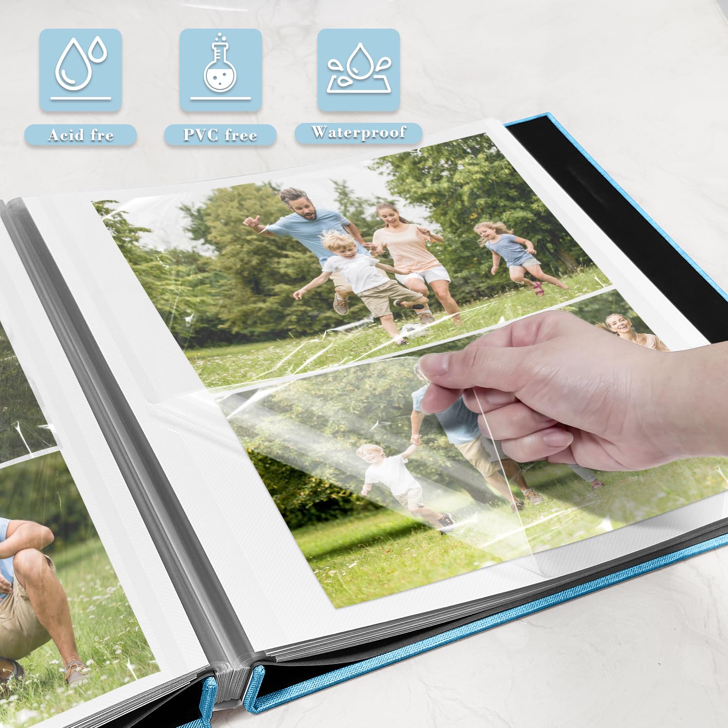 Grand album photo autocollant, album de scrapbooking pour photos de 7,6 x 12,7 cm, 10,2 x 15,2 cm, 20,3 x 25,4 cm, 60 pages couverture en lin bleu clair, cadeau idéal pour famille, mariage