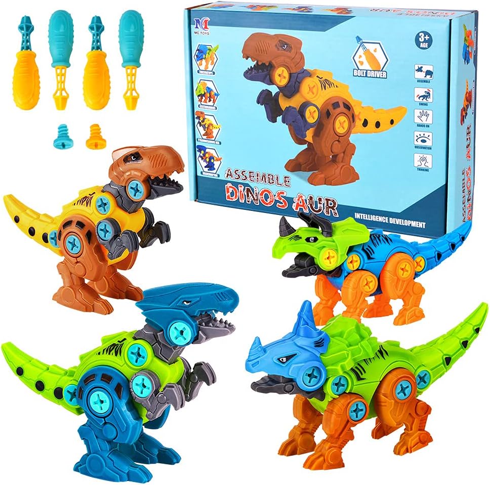 Lekebaby Take Apart Dinosaur, 4-Pack DIY Dinosaur Toys with Drills,Dinosaur Gifts for Boys Girls 3 4 5 Years Old and Up