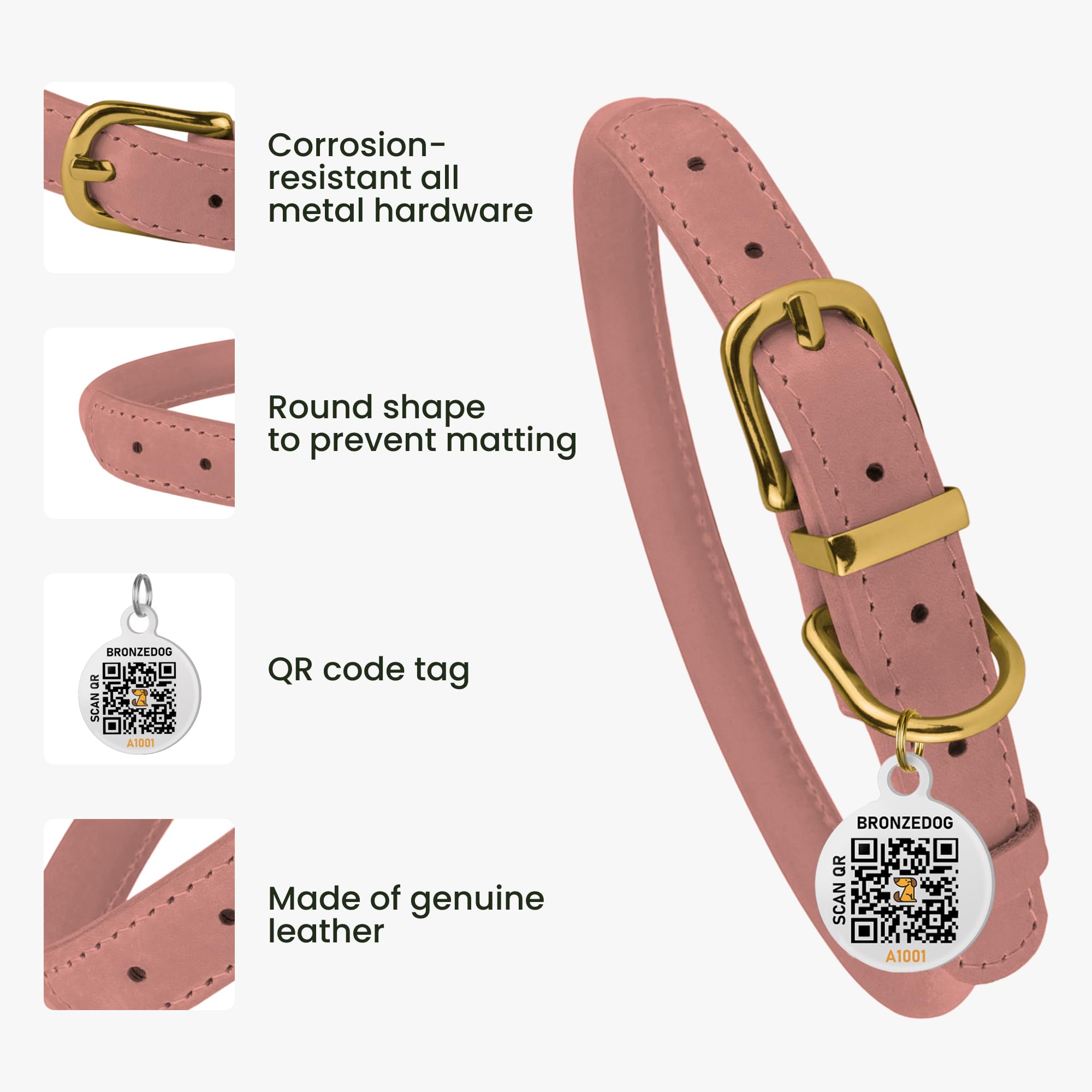 BRONZEDOG Rolled lederen hondenhalsband met QR-ID-tag