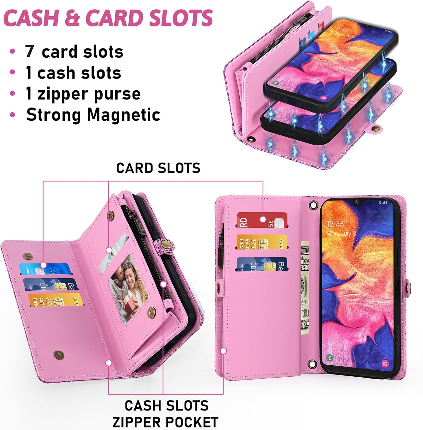 Asuwish Phone Case for Samsung Galaxy A10e Zipper Wallet Detachable with Tempered Glass Screen Protector Cover and Card Holder Slot Wrist Strap Flip Cell Accessories A 10e 10ae S102DL Women Men Pink