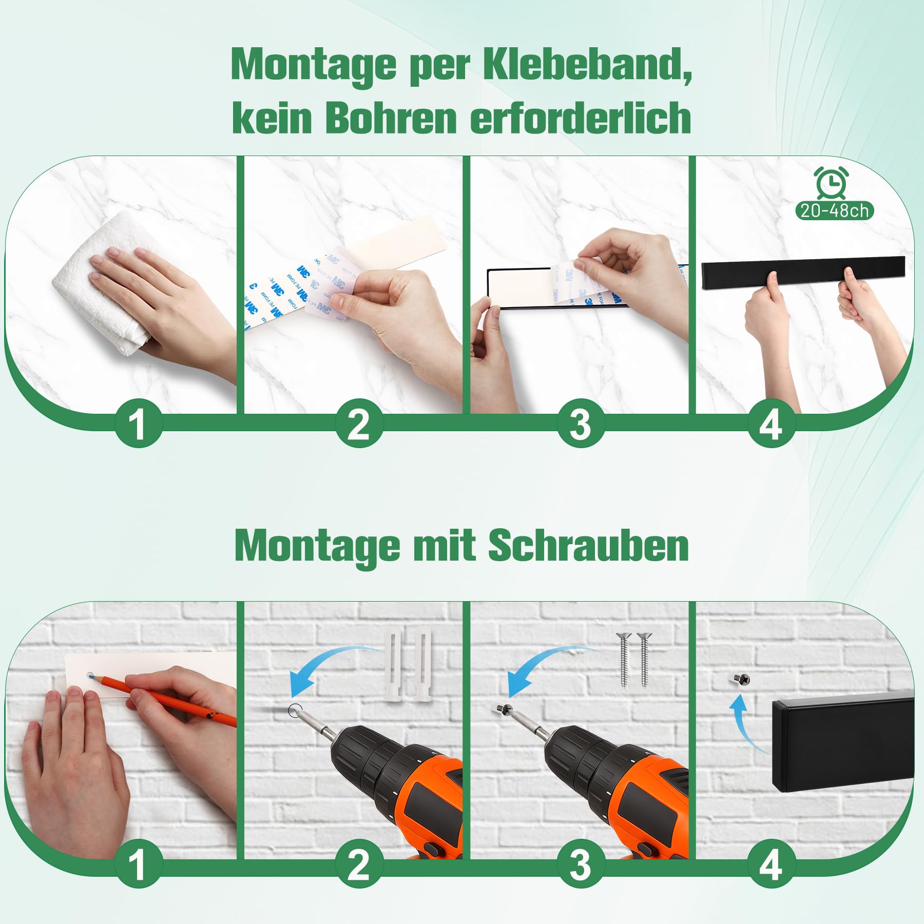 Magnetleiste Messer 40 cm, Messerhalter magnetisch schwarzmit 3 Haken,Magnet Messerhalter aus Edelstahl mit Klebeband und Schrauben für Messer und Utensilien