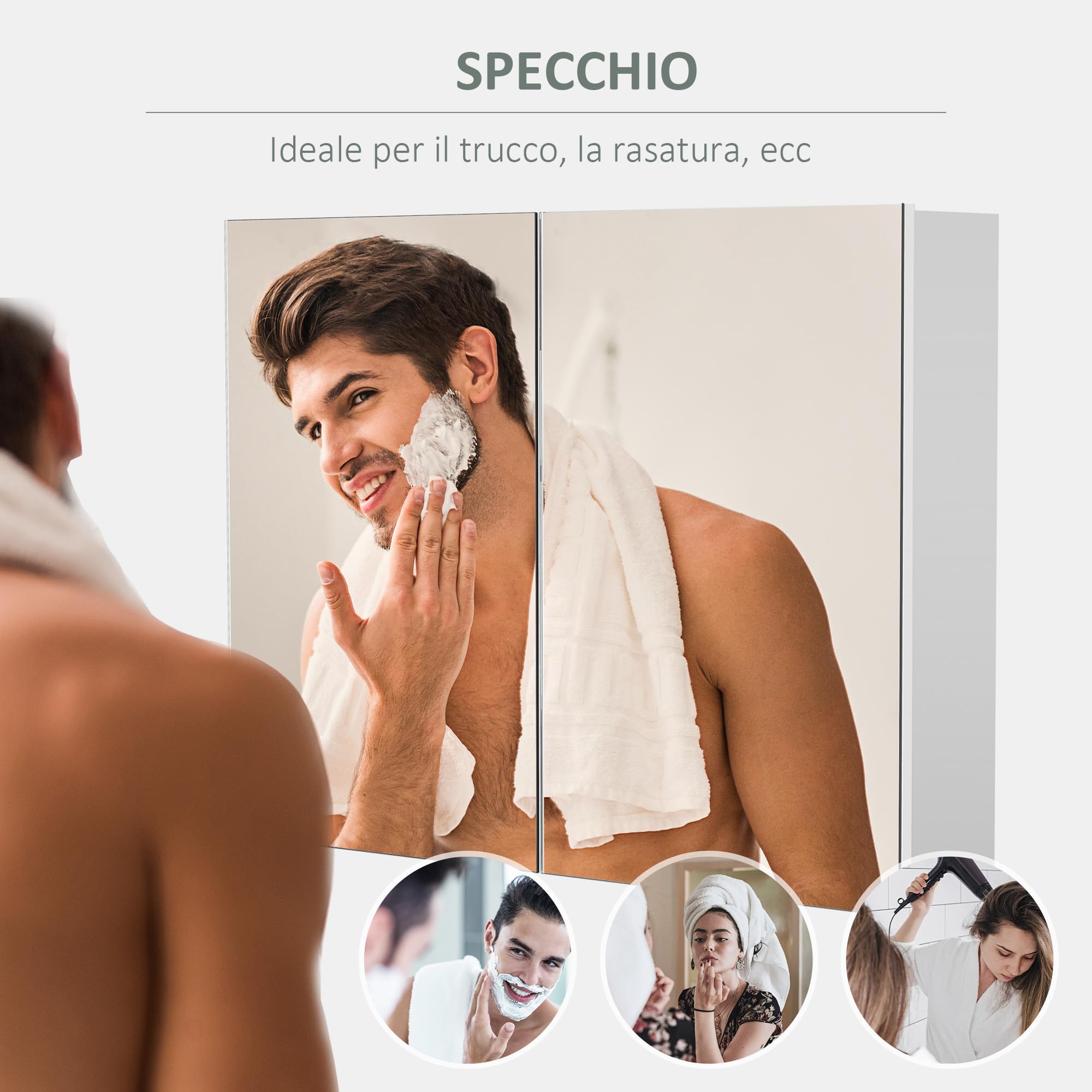 HOMCOM Specchio Bagno Contenitore con Ante a Chiusura Ammortizzata e Ripiani Regolabili, Specchiera Bagno con 3 Ripiani Interni in MDF e Vetro, 80x15x60 cm, Bianco