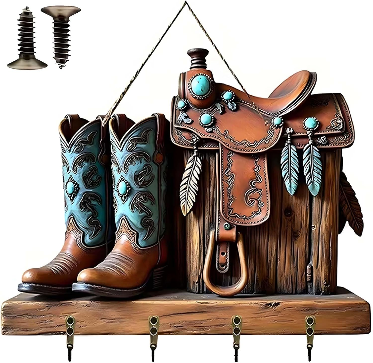 Boot-Shaped Key Hooks for Wall - 2D Wooden Ornament with 4 Hooks, Wall Mount Key Holder, Entryway and Home Decor Organizer