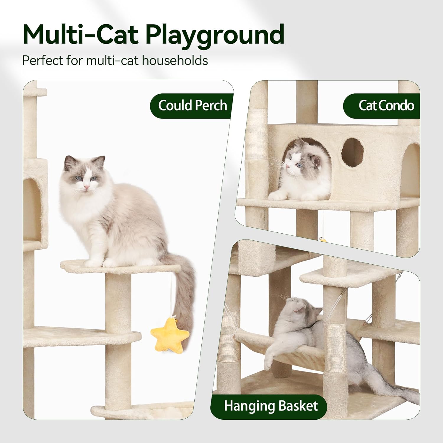 Meecal 79inch Heavy Duty Cat Tree for Indoor Cats Large Adult, Tall Giant Cat Tower with Scratching Post, Large Perches, Cozy Cat Condos & Hanging Hammocks, Beige