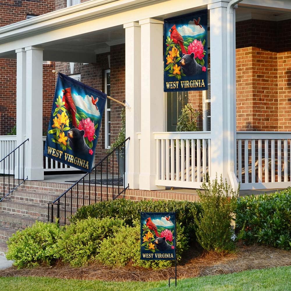 American Flag-West Virginia Black Bear and Cardinal and Rhododendron Flower Flag MLN2996F, Garden Flag (11.5" x 17.5")-USA Flags Premium Polyester-Decorative Indoor Outdoor Flag