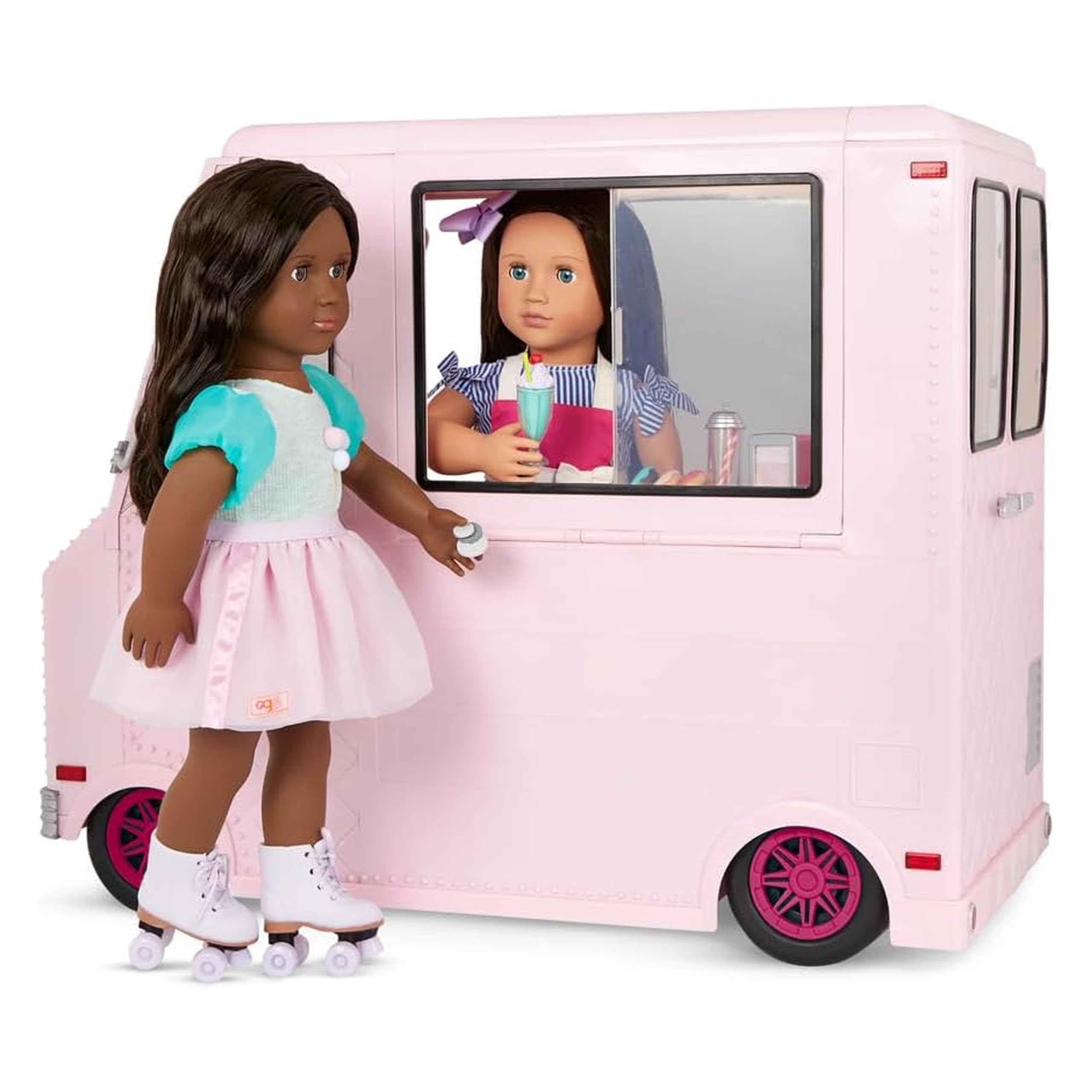 Our Generation Sweet Stop, Camion à Glace Rose pour poupées de 46 cm | Camion à glace rose avec tableau à craie, lumières, essuie-glace et 3 chansons; comprend 128 pièces au total; 3 ans et +