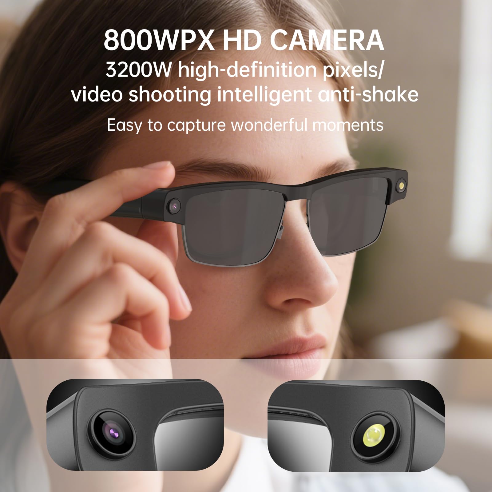 Occhiali Intelligenti con telecamera , Registrazione videocamera, Audio Open-Ear, ANC,Chiamate, smart ai glasses fotocamera alla Moda con Protezione UV, WiFi e Traduzione in Tempo Reale per Uomo Donna