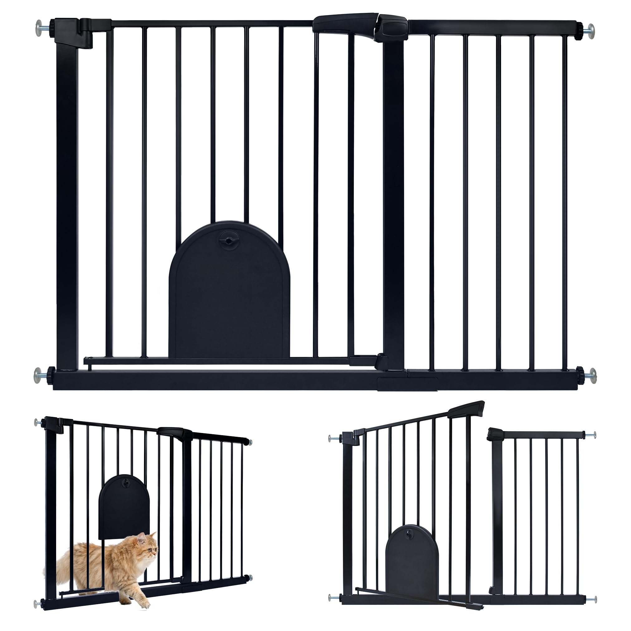 UISEBRT Treppenschutzgitter Türschutzgitter Ohne Bohren Treppengitter mit Katzentür Haustiertür, für Breiten 105-115 cm, Selbstschließend, Einhändiges Öffnen Metall Gitter, Schwarz