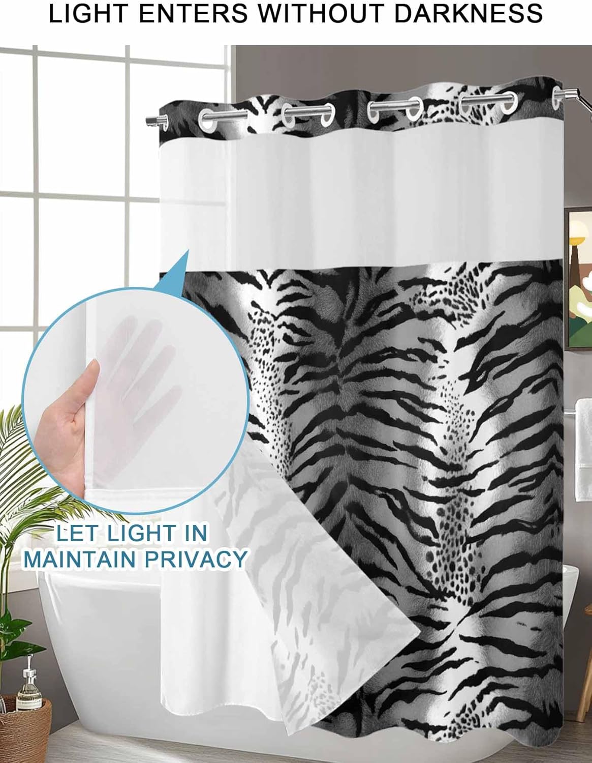 Prime Leader Black and White Leopard No Hook Shower Curtain with Snap in Liner Abstract Vintage Animal Prints Shower Curtain for Bathroom, Fabric Waterproof Inner Liner with Mesh Top Window, 72x72