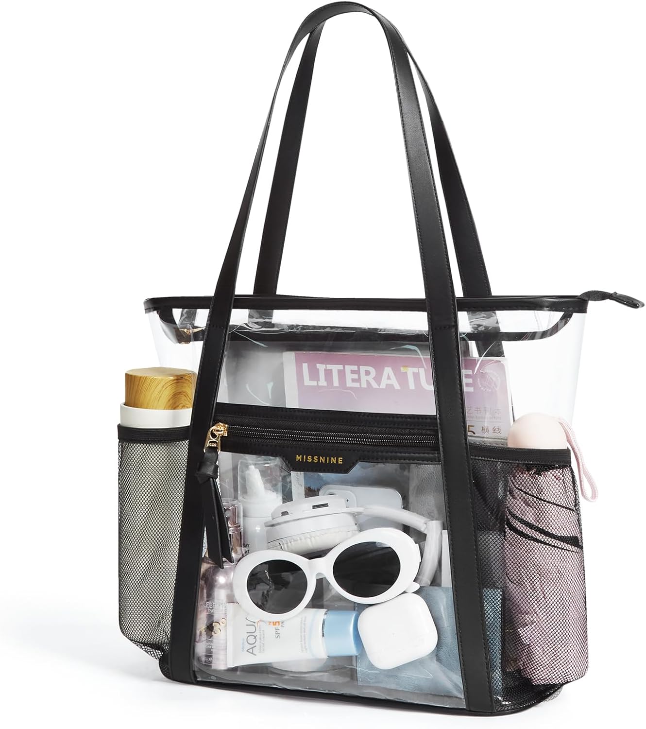 Missnine Clear Bag for Stadium Events Thick PVC Clear Tote Bag for Women with Guitar Strap for Sports Concert Beach