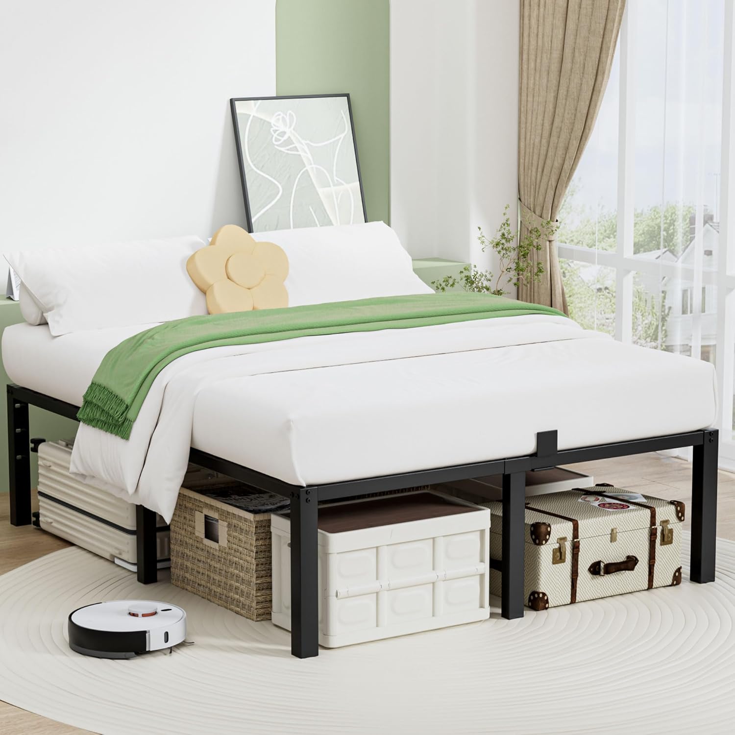 14 Inch Metal Bed Frame Queen Size, 3500lbs Heavy Duty Platform Bed Frame with Under-Bed Storage Mattress Slide Stopper, Steel Slat Support, No Box Spring Needed, Noise Free, Easy Assembly, Black