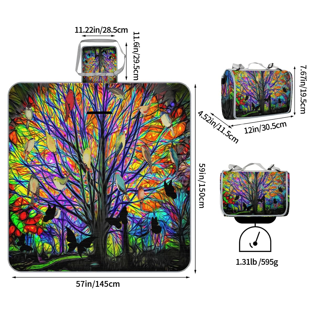 Manta cuadrada de picnic con diseño de árbol colorido, impermeable, plegable, para interiores y exteriores, para camping, playa, parque, reuniones familiares