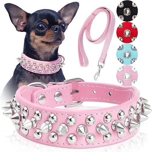 Epesiri - Collares para perros medianos con correa, collar de perro con pinchos para perros grandes, collar de perro rosa hembra, collar de piel con