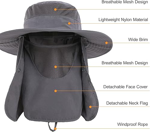 Miniatura 2 de doorslay Sombrero de pesca para hombres y mujeres, sombrero de ala ancha con solapa desmontable para el cuello y cubierta facial