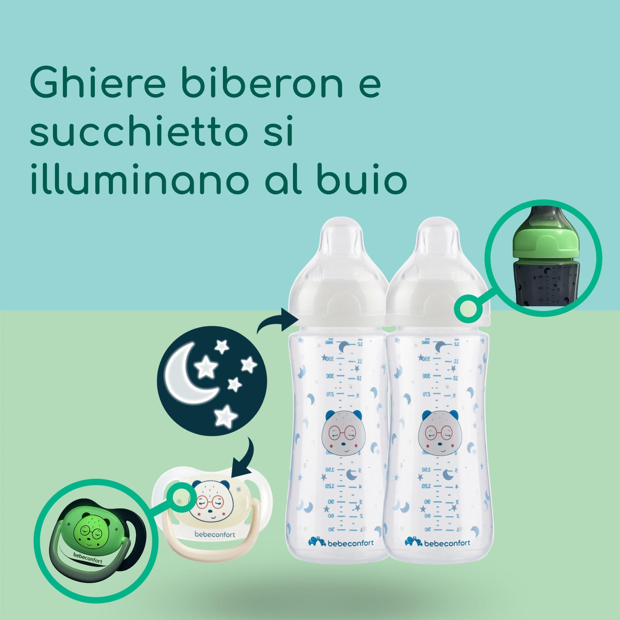 Bebeconfort Kit Biberon Neonato Physio Air Cresce-con-Me, Biberon Anticolica, 0+ mesi, Include 4 Biberon Neonato, 3 Misure di Tettarelle, Succhietto Anatomico, Design che si illumina al buio