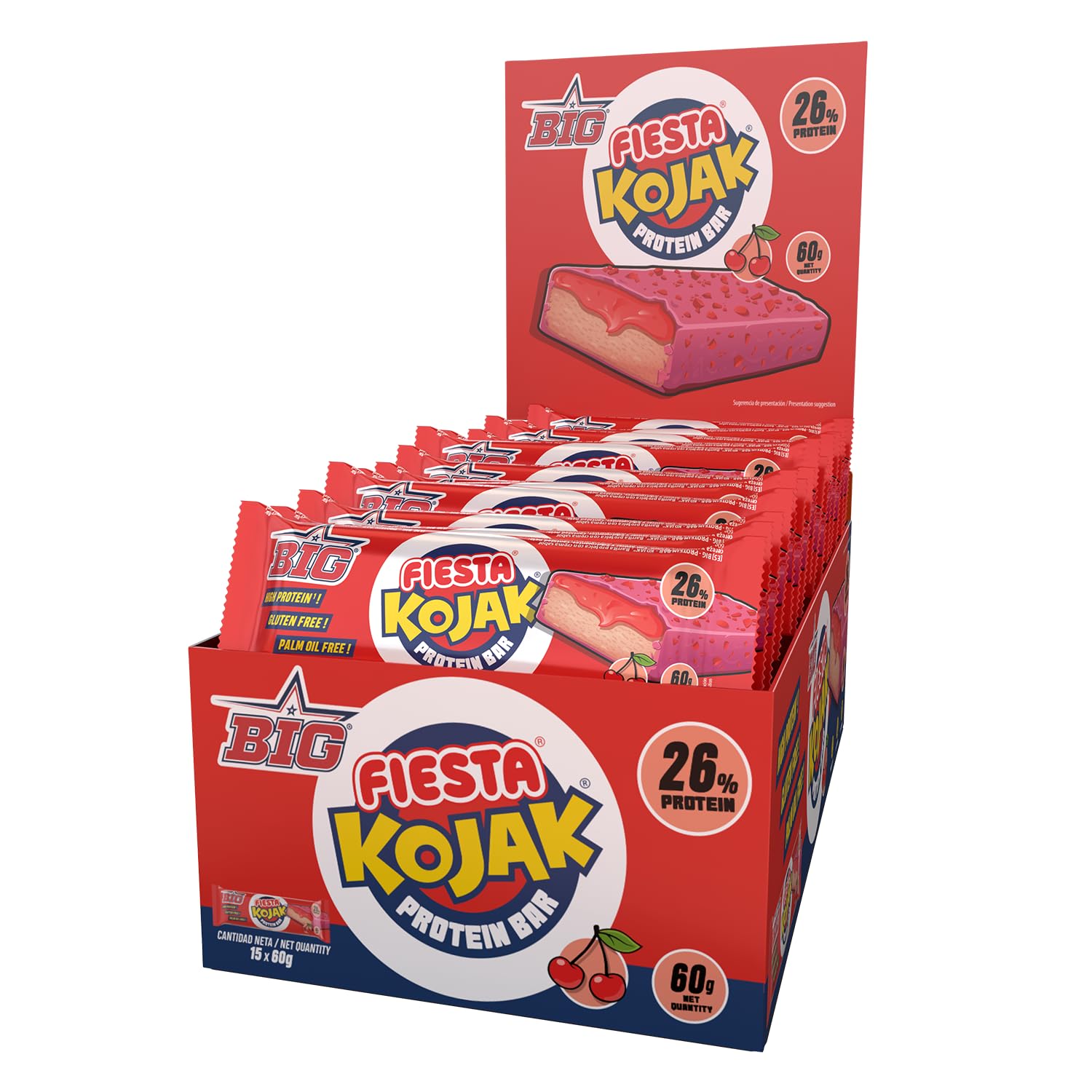BIG - Fiesta Kojak Barritas Proteina 26gr de Proteina Caja 15 unidades con Toppings de Caramelo Sin Gluten y Sin Aceite de Palma para Recuperacion Muscular y Snack Saludable Post-Entreno