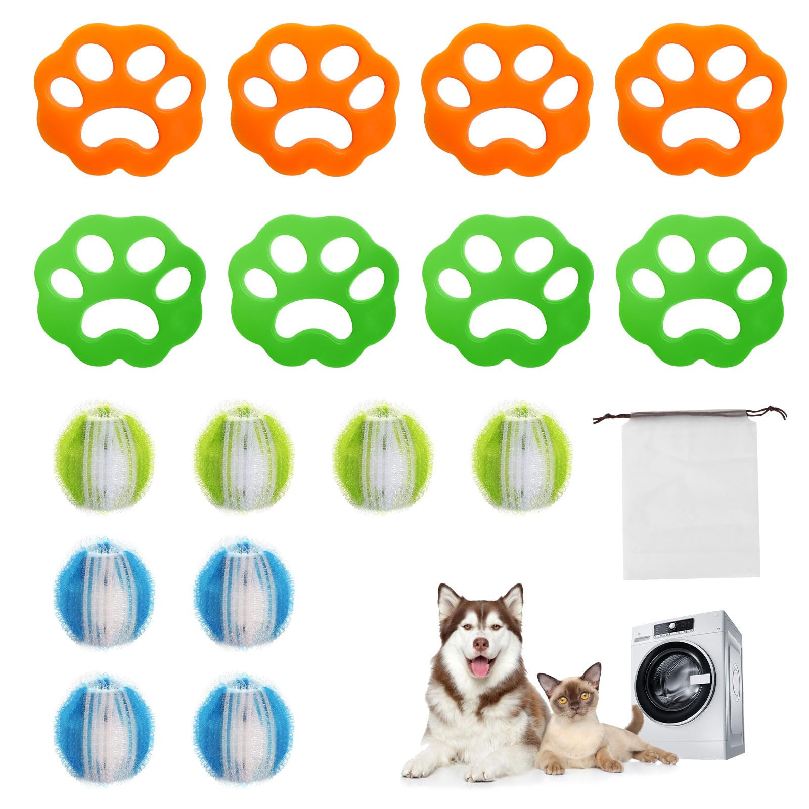 FIDWALL 16 Pack Removedores de Pelo para Lavadoras: 8 Bolas de Lavado y 8 Capturadores de Pelo - Ideal para Ropa y Ropa de Cama, con Bolsa de Almacenamiento (Traje)