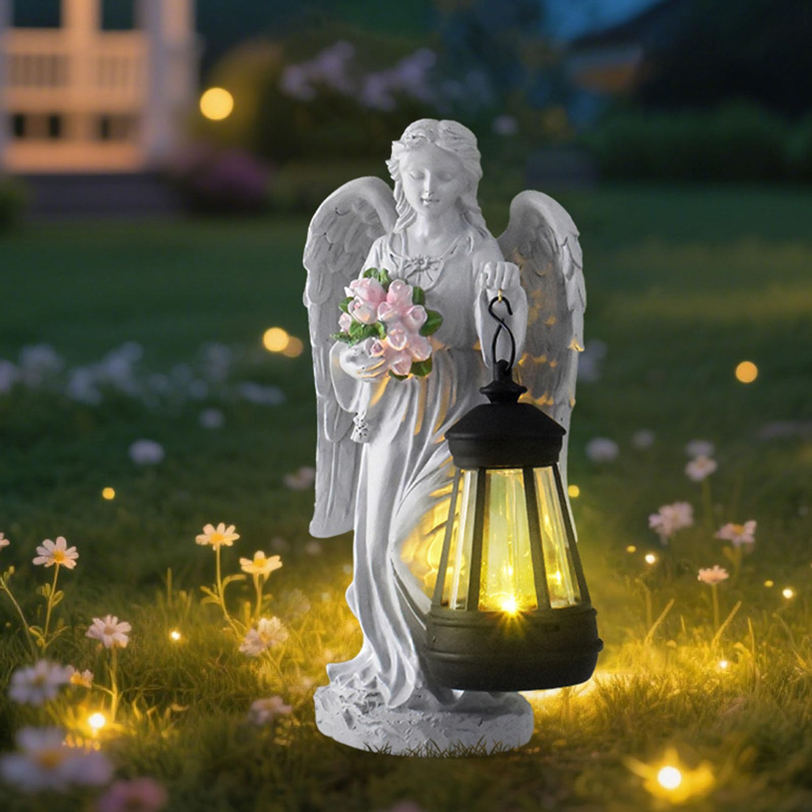Genérico Solar Garden Angel, Resin Memorial Figurka, Outdoor Yard Ornament, 9 x 5,5 x 2,7 Light-Up Decorative Statue with Flower Accent, Idealny na patio, ganek, cmentarz i spacer
