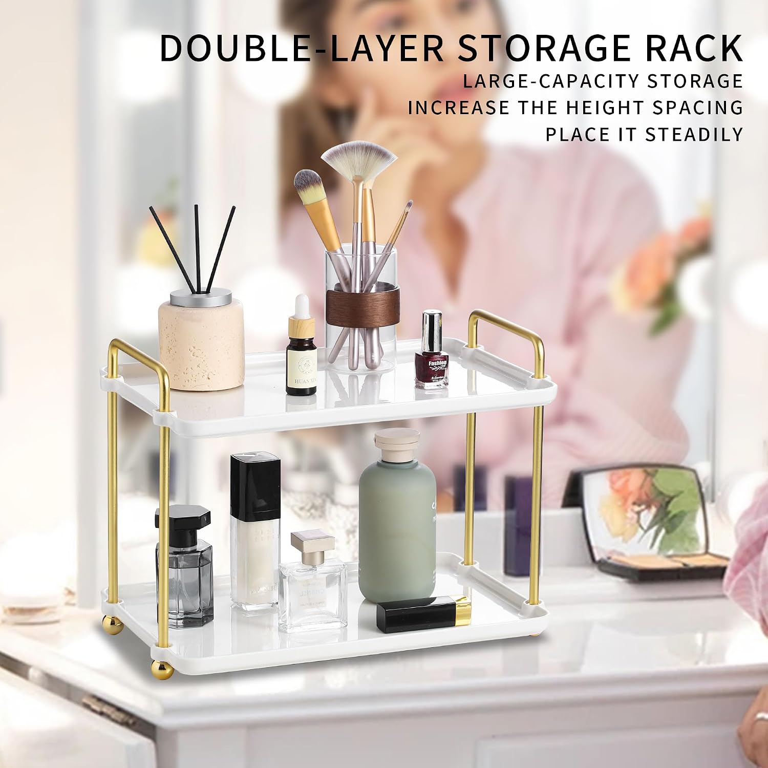 2-Tier Vanity Organizer Trays with Handles and Wheels, Cosmetic Storage Display (Ceramic White)