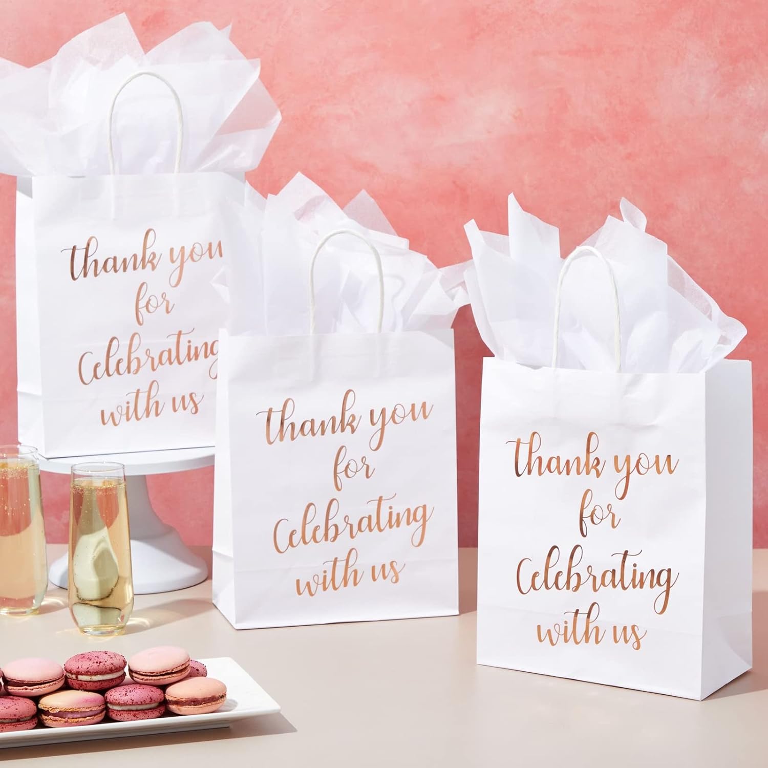 Sparkle and Bash Wedding Welcome Bags Rose Gold - 15-Pack Medium 10x8x4 in Rose Gold Foil Paper with Handles - Bridal Shower Thank You Gift Bag With Tissue Paper & Party Favor - Image 2