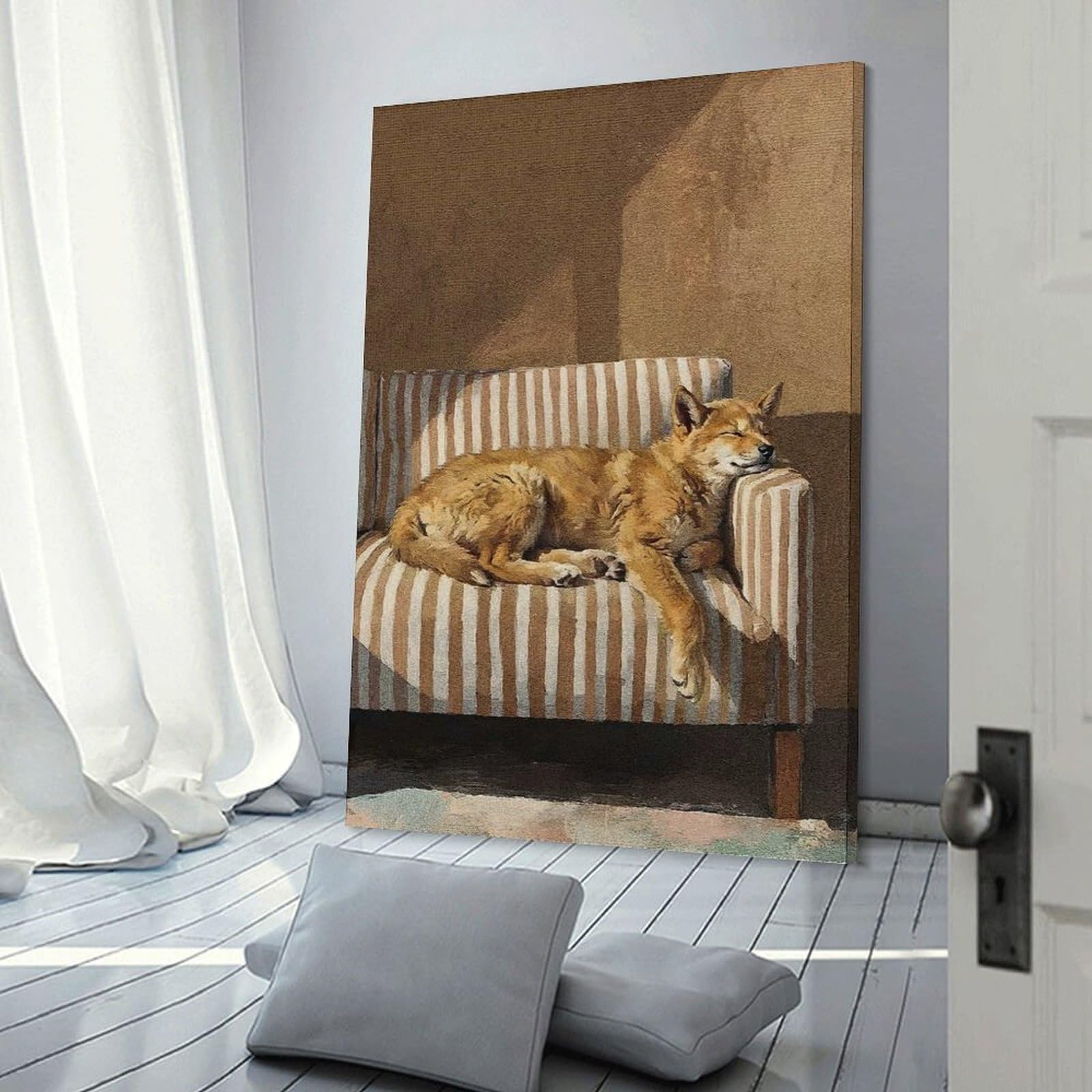 Junmoney Frame-Style-14-1 Sleeping Dog On Striped Couch Canvas Art Print 12X18inch(30X45cm), For New Homes, Bedrooms Or Workspaces, Gift Idea For Housewarming And Birthdays