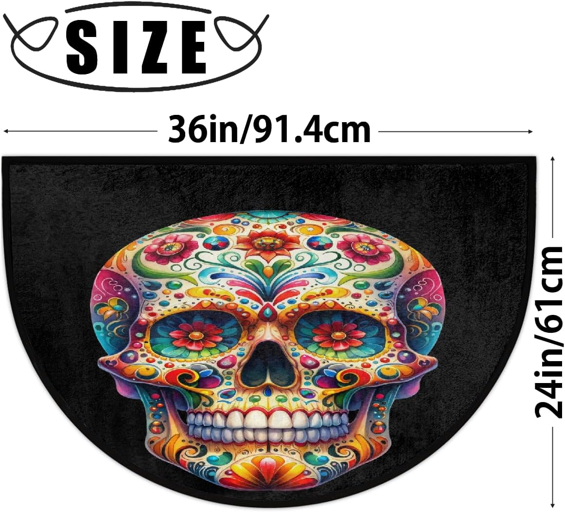 Half Round Door Mat Rainbow Skull Cool Half Moon Rug Washable Skull Flower Half Circle Area Rugs Indoor Entrance Non Slip Semi Circle Bathroom Rugs for Kithen Bedroom Fireplace Decor