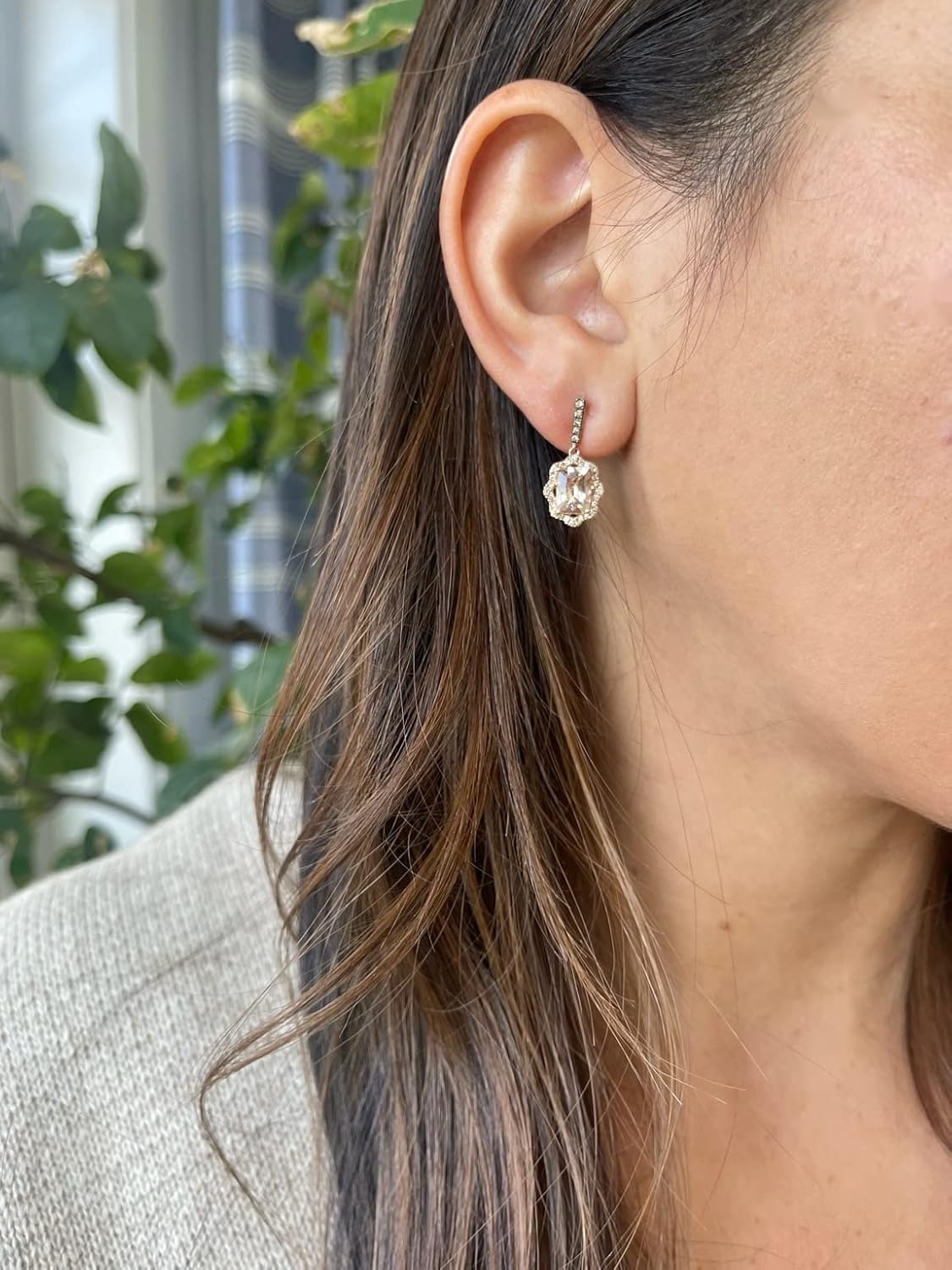 LE VIAN 2/5 Carat Diamond and 2 Carat Cushion Cut Morganite Drop Earrings for Women In 14K Rose Gold (White/Fancy Brown, Cttw) Halo Earrings With Push Backs