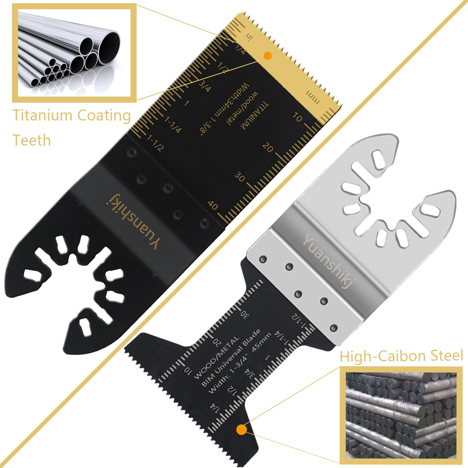 Yuanshikj 30 piezas mixtas (titanio + bimetal) metal madera plásticos universal oscilante multiherramienta hojas de sierra oscilante hoja profesional liberación rápida duradera herramienta oscilante