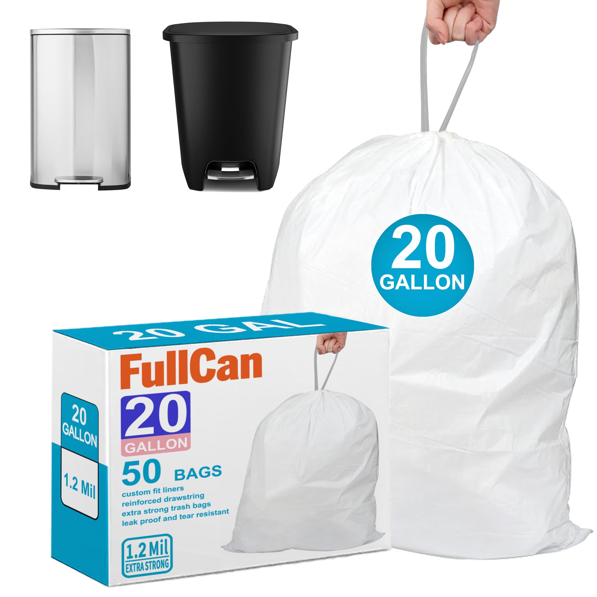 20 Gallon Heavy Duty Trash Bags Compatible with Glad 20 Gallon Trash Can 1.2 Mil THICK White with Reinforced Drawstring Tear-Resistant 50 Count GRAND SAVE!