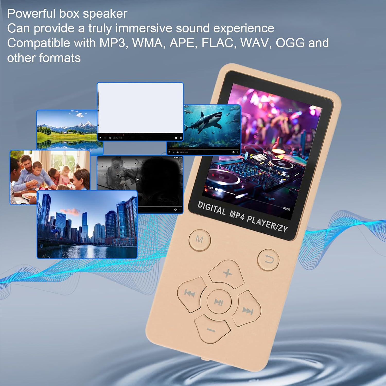 Fockety MP3 MP4 Player displaying a video, with smaller images of other media types around it, illustrating its multimedia capabilities.